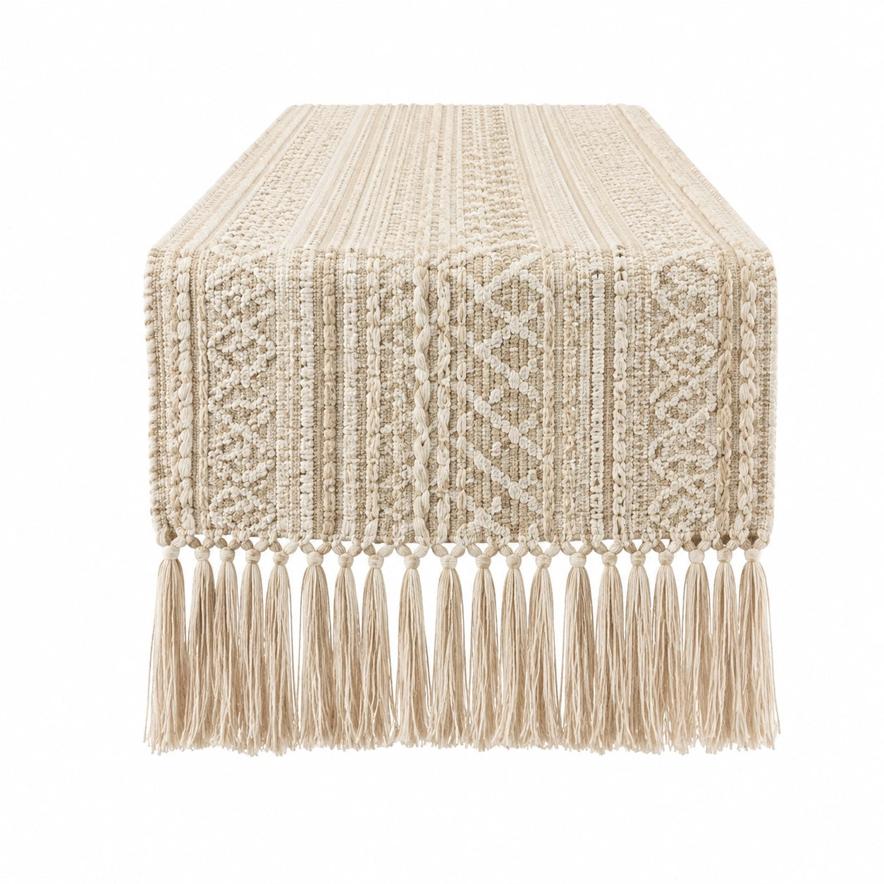 Runner da tavola 180 x 40 cm in cotone beige con frange stile boho