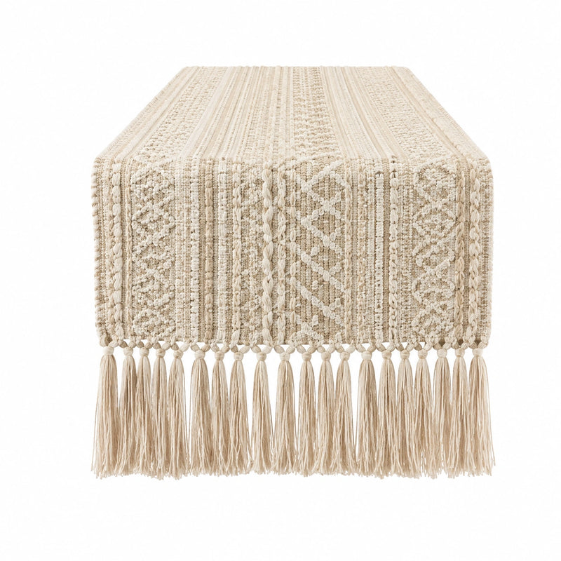 Runner da tavola 180 x 40 cm in cotone beige con frange stile boho