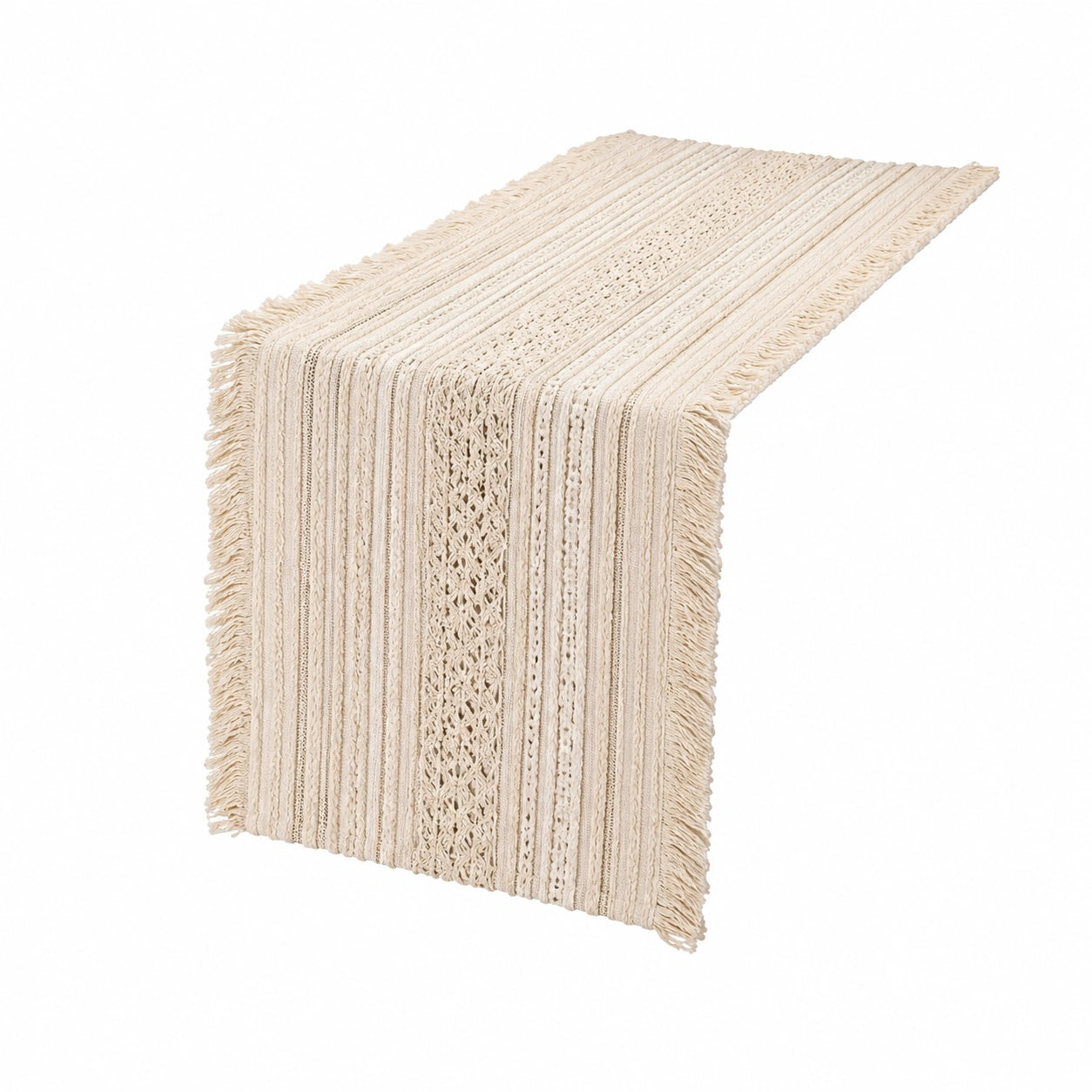 Runner da tavola 180 x 40 cm in cotone beige con frange stile boho