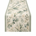 Runner da tavola 180 x 35 cm in tessuto beige e verde con motivo botanico stile naturale