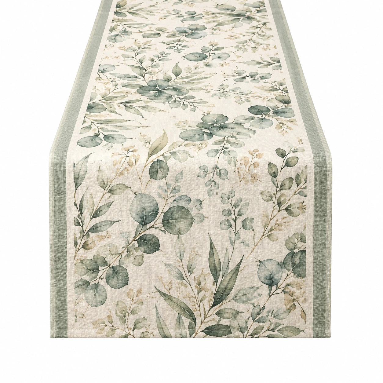 Runner da tavola 180 x 35 cm in tessuto beige e verde con motivo botanico stile naturale