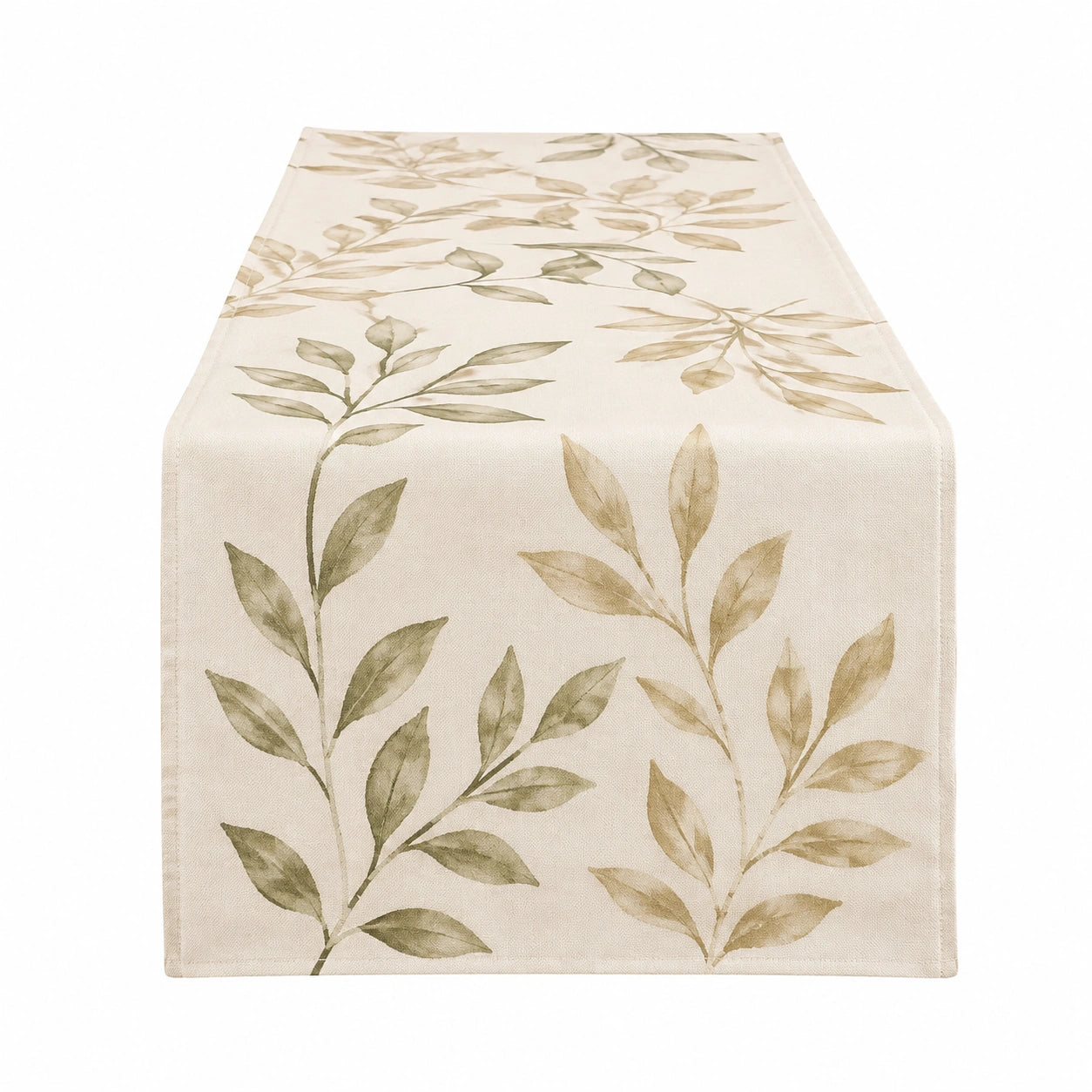 Runner da tavolo 180 x 40 cm in tessuto beige e verde con foglie - decorazione botanica