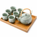 Set da tè 8 pezzi 42 x 28 cm in ceramica verde con vassoio in bambù stile floreale