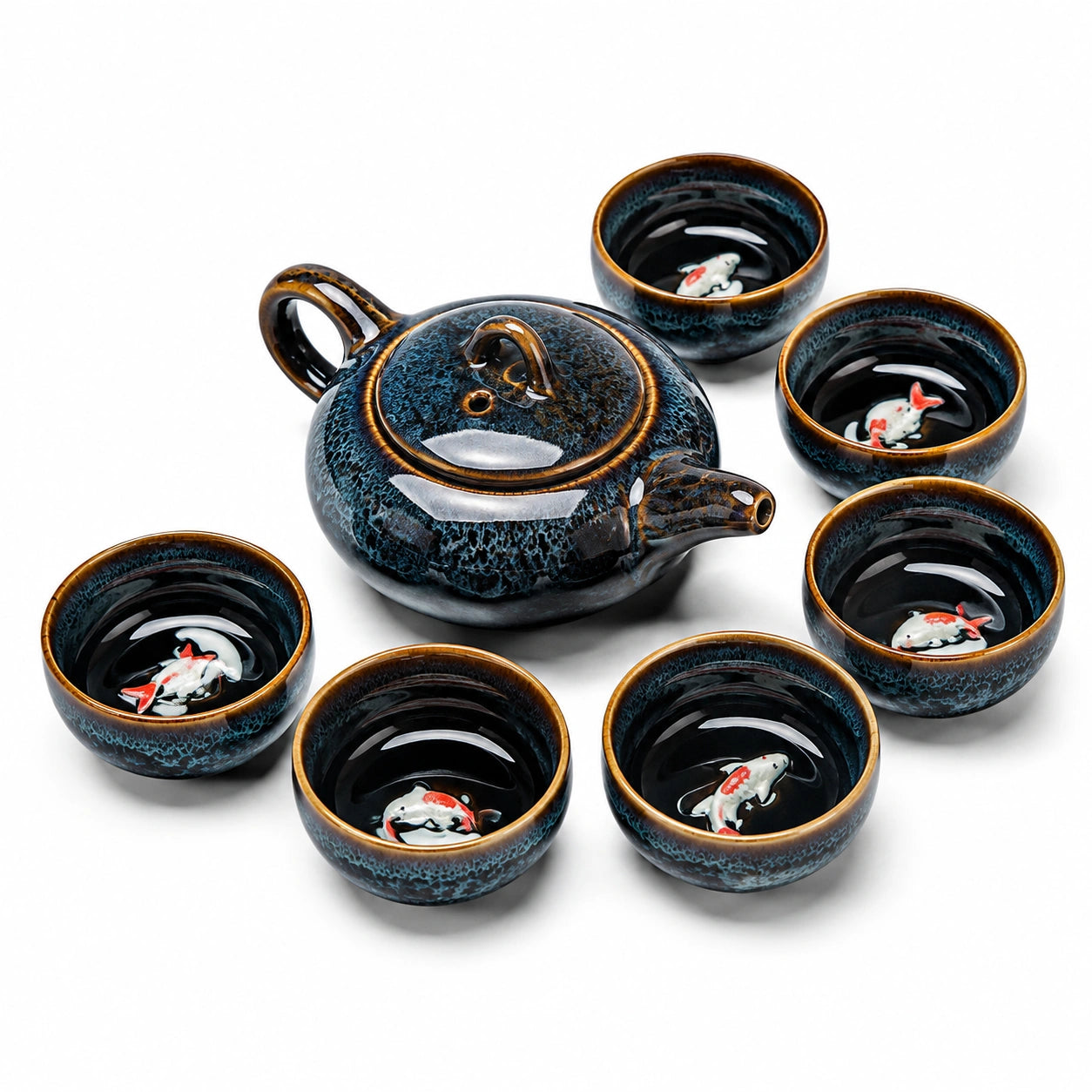 Set da tè in ceramica 7 pezzi teiera 700 ml tazze 100 ml blu nero con motivo pesce