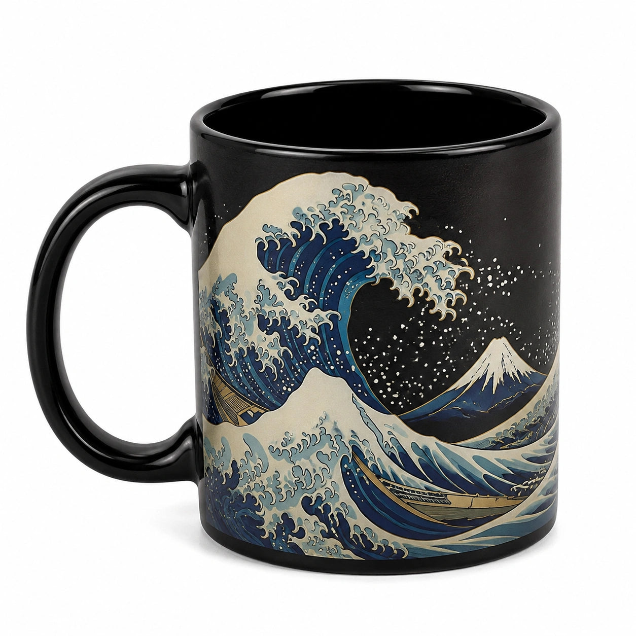 Tazza 350 ml in ceramica nera con onde e montagna per bevande calde