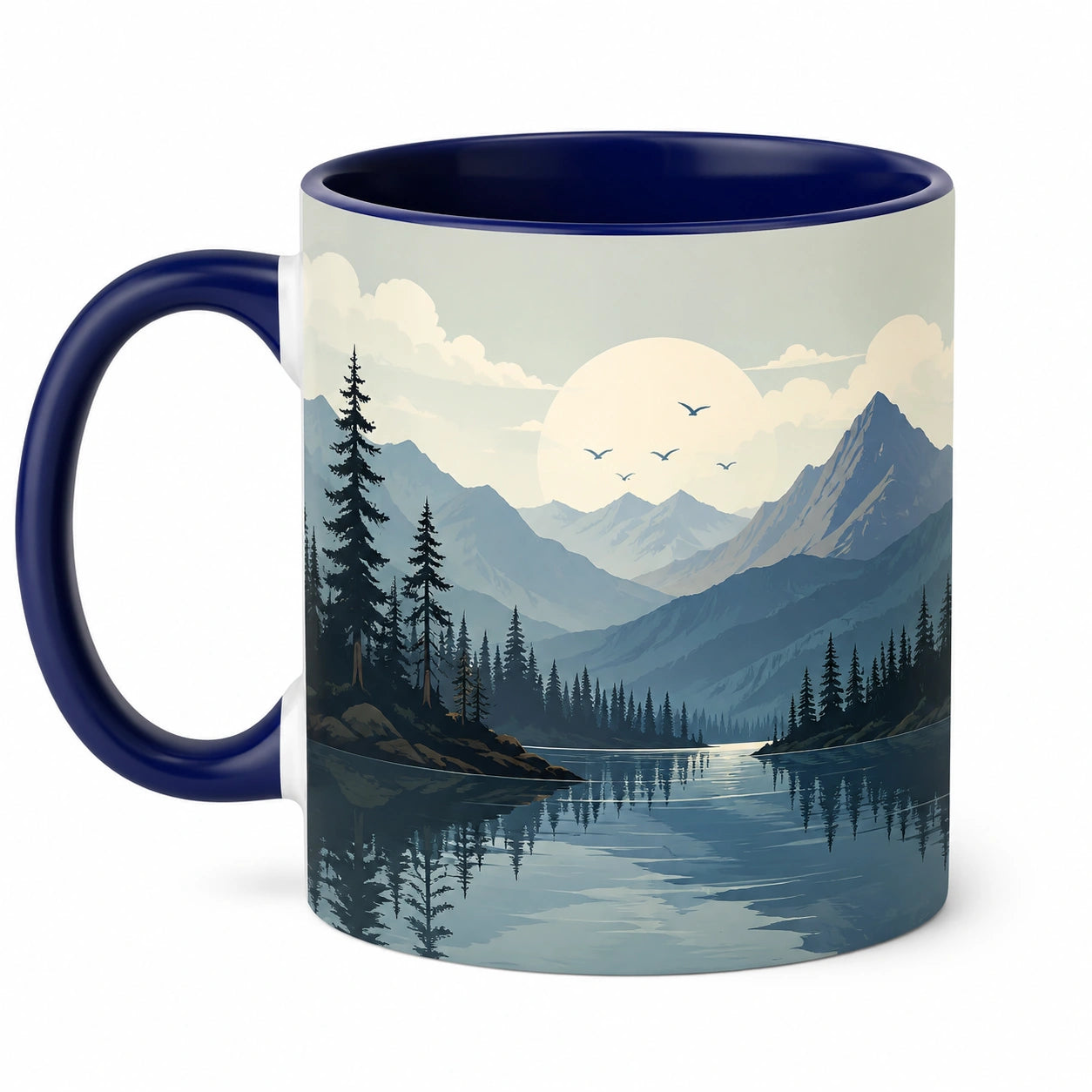 Tazza 325 ml in ceramica blu con paesaggio montano - per bevande calde