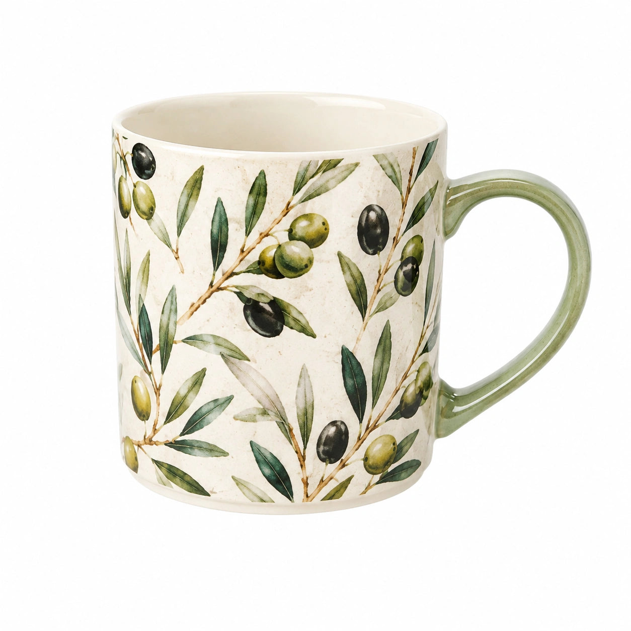 Tazza da 400 ml in ceramica avorio e verde con motivo olive - manico ampio
