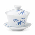 Tazza Gaiwan in porcellana 150 ml bianco e blu con coperchio e piattino stile tradizionale