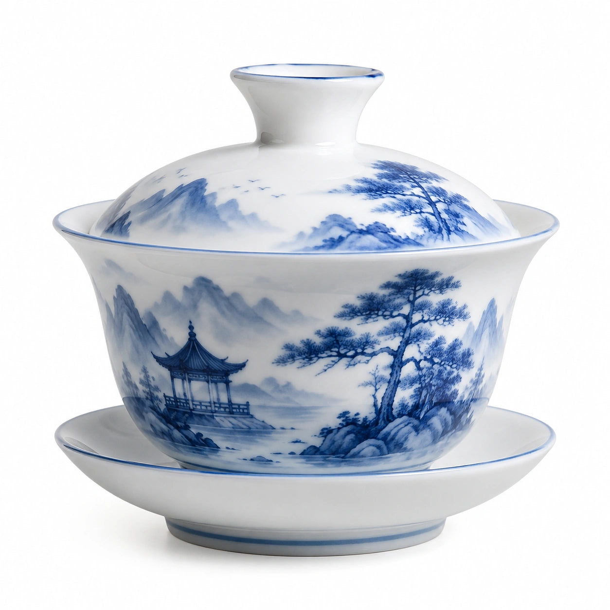 Tazza Gaiwan in porcellana bianca e blu 180 ml con coperchio e piattino per tè stile paesaggistico