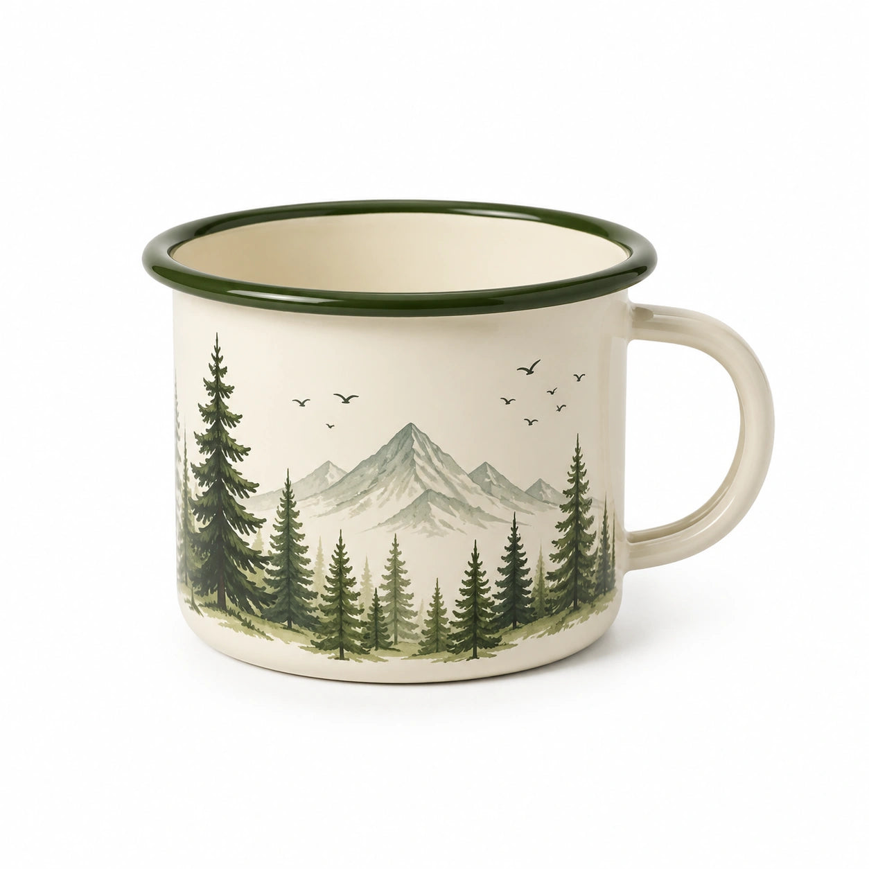 Tazza smaltata 450 ml diametro 10 cm crema e verde con paesaggio montano